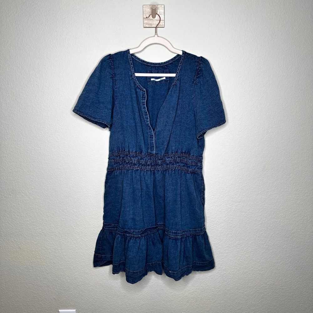 Anthropologie The Somerset Mini Dress XL Blue Smocked Waist Ruffle Split Neck